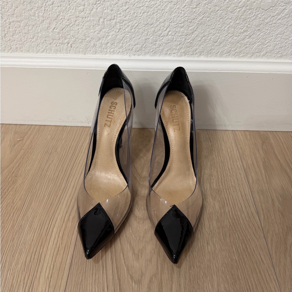 SCHUTZ Black and Clear Pointed Toe Heels
